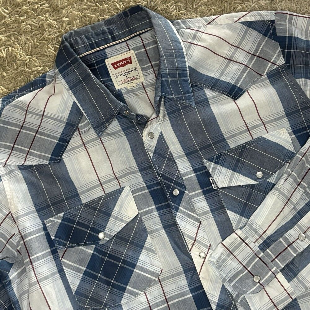 Levi's Shirt Men's Large Western Pearl Snap Plaid Long Sleeve White Blue Cowboy